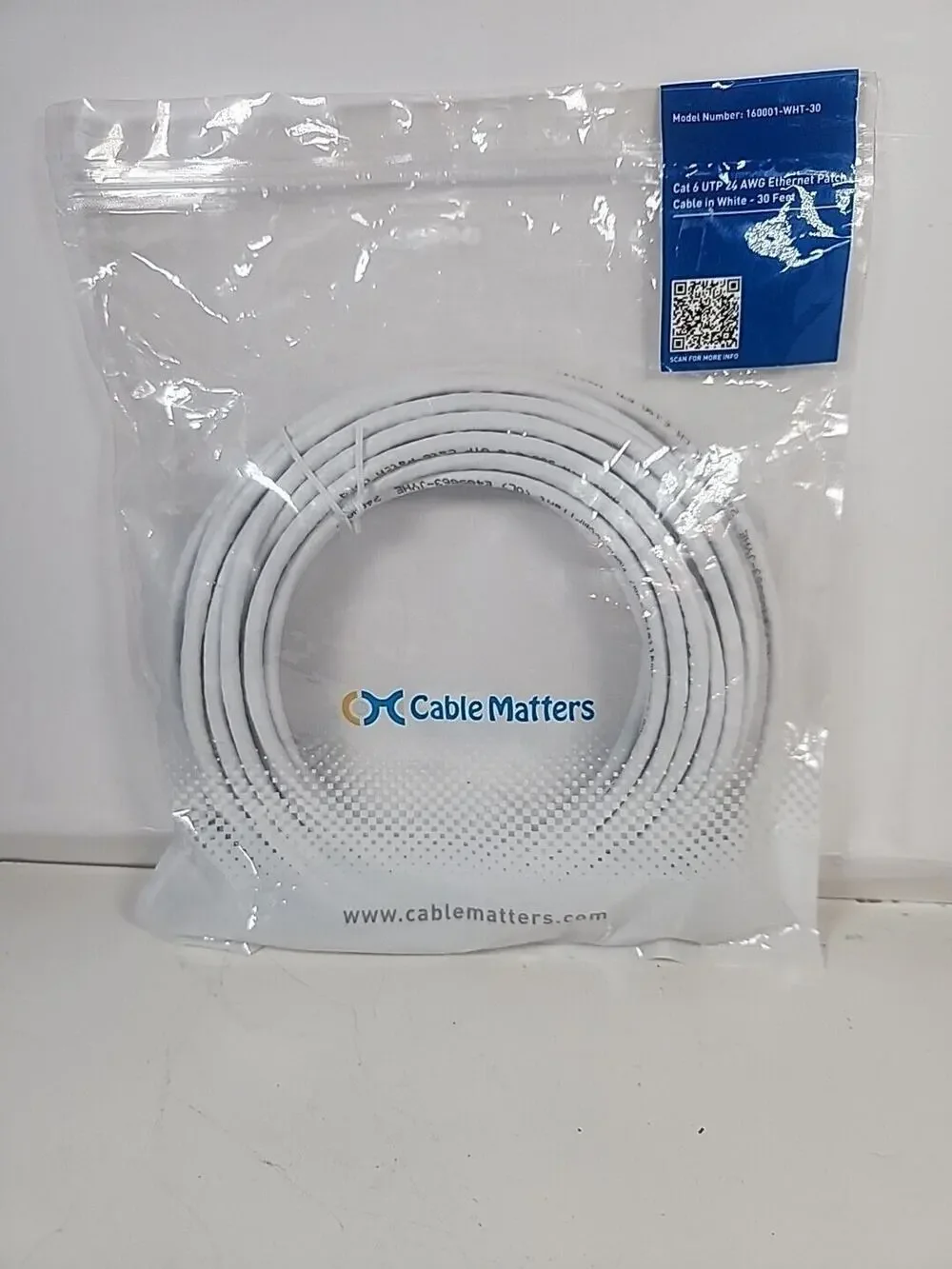 Cable Matters 160001-WHT-30 White Cat 6 UTP 24 AWG Ethernet Patch Cable 30 Feet